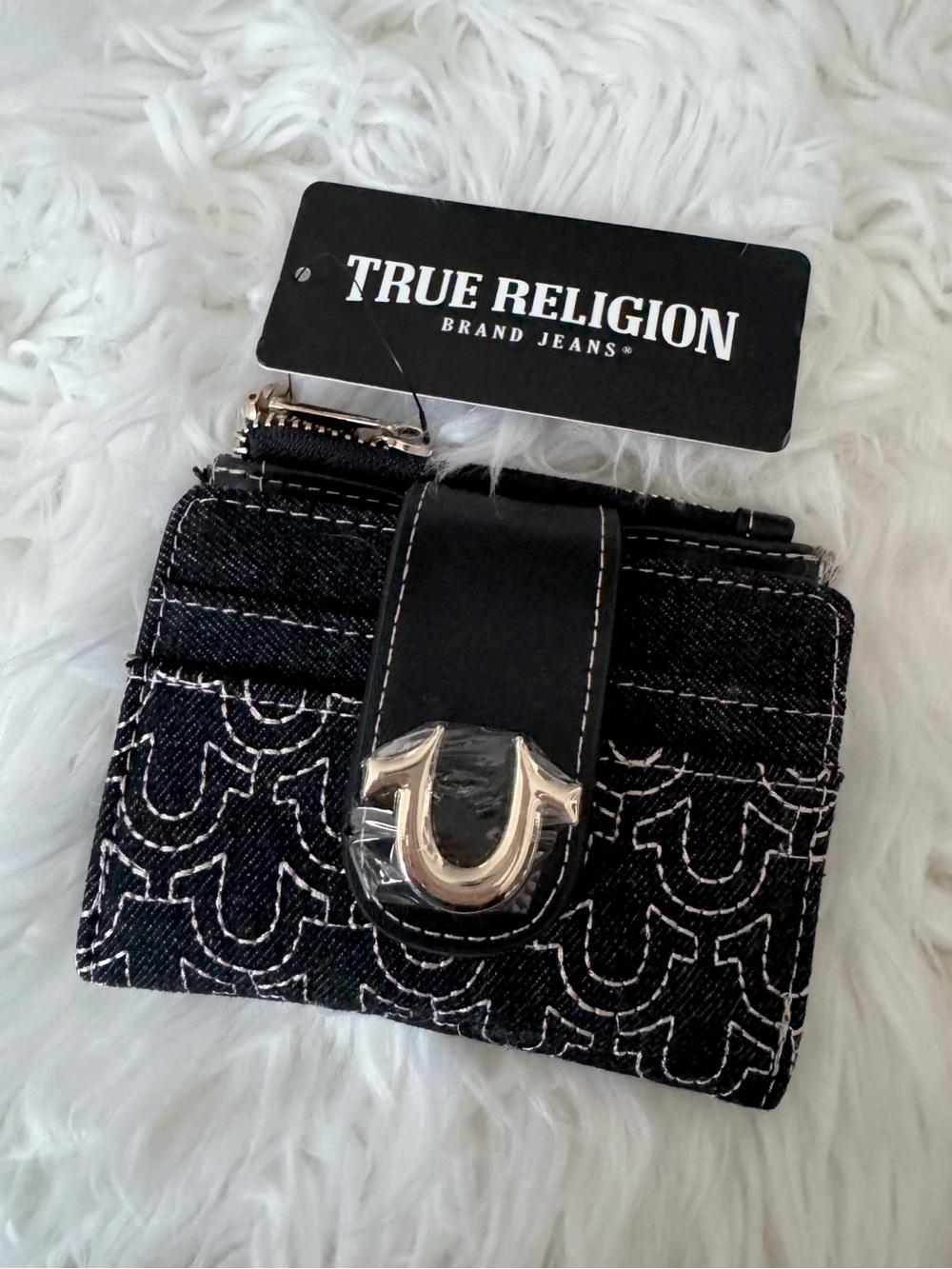 True Religion Black Quilted Coin Wallet with Silver Hardware!